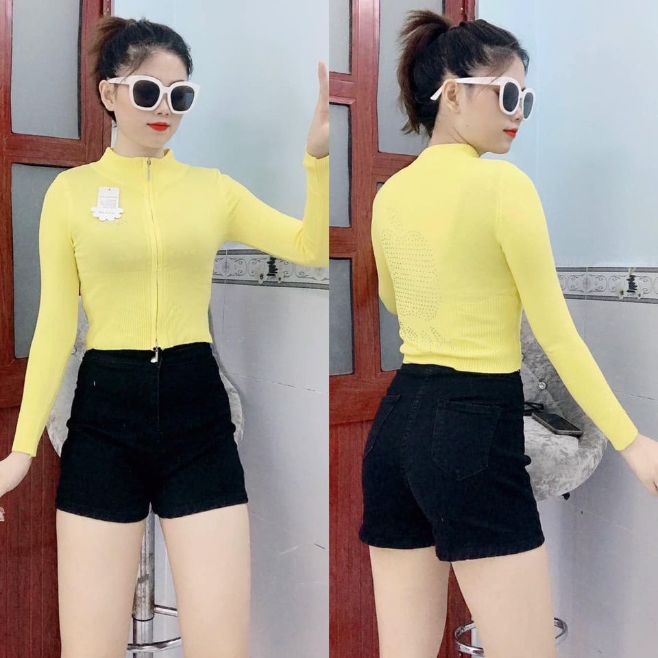 Áo khoác len croptop dây kéo đôi đính hạt sau lưng