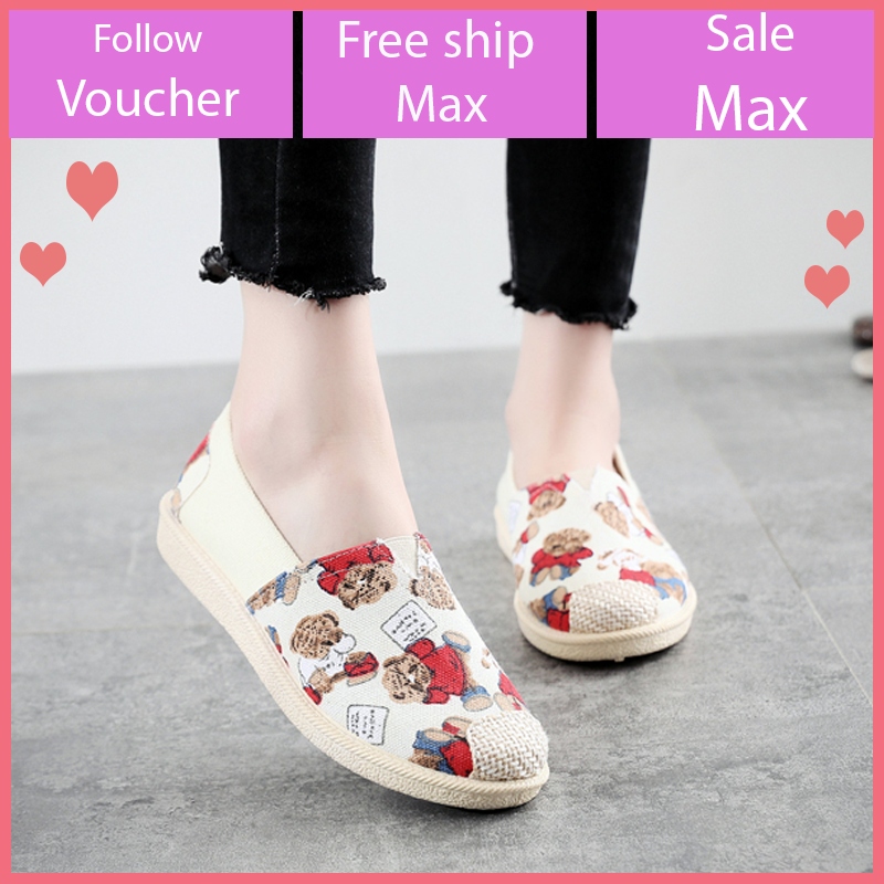 Giầy lười nữ vải đẹp đi bộ êm chân, giầy slip on vải đế mềm, giầy vintage họa tiết đẹp Javit V276 CB