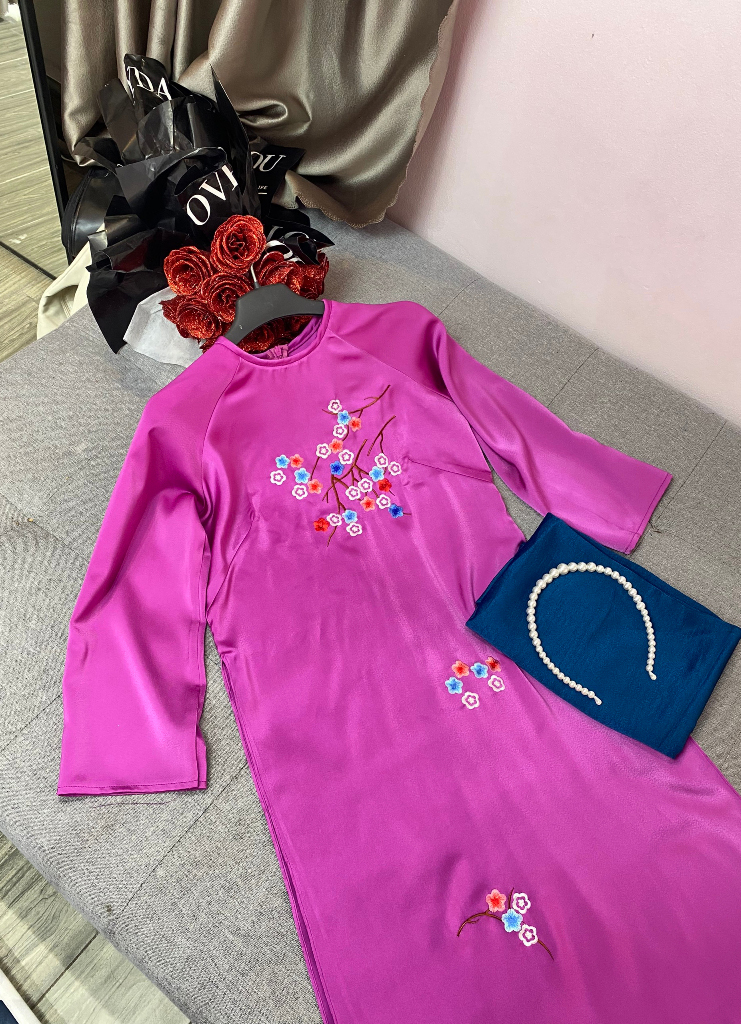Áo Dài Cách Tân Dáng Xuông Cổ Tròn Tay Lỡ Áo Dài Suông Nữ Họa Tiết Thêu Lắc Tay Truyền Thống Màu Vàng Màu Tím Cao Cấp Mặc Lễ Tết Dự Tiệc