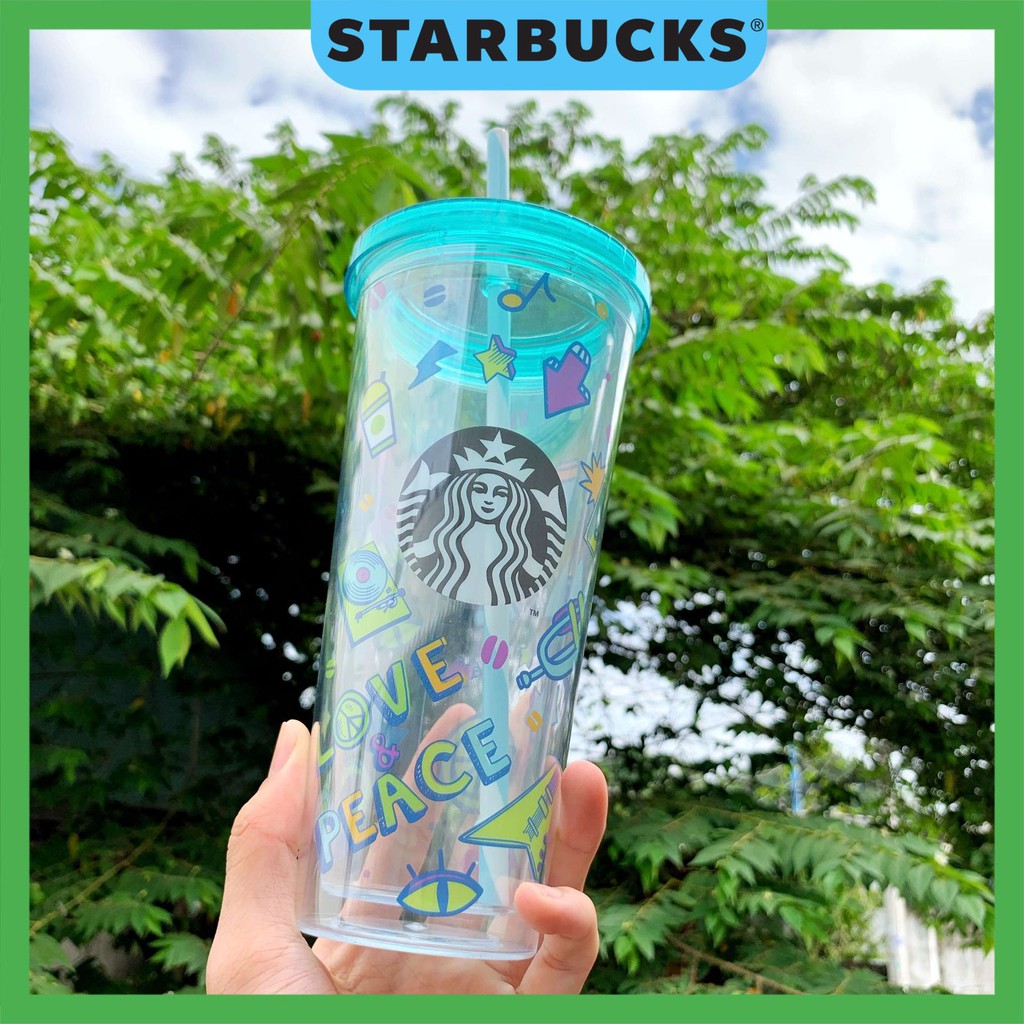 Ly cốc nhựa trong suốt STARBUCKS LOVE & PEACE 2 lớp dung tích 590ml- Venti 📍Size hiếm 📍