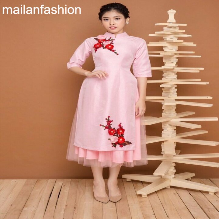 áo dài cách tân thêu 2 hoa đào cao cấp - không kèm váy