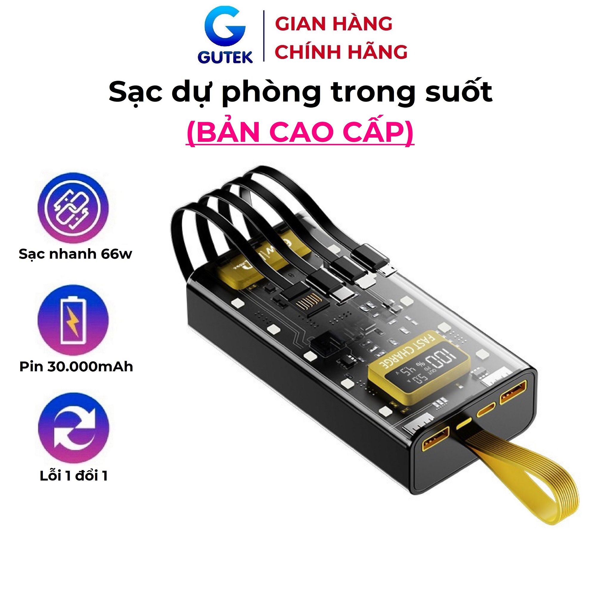 Sạc dự phòng 30000mah pin dung lượng lớn đi kèm dây sạc nhanh 66w cho nhiều điện thoại Gutek DX745