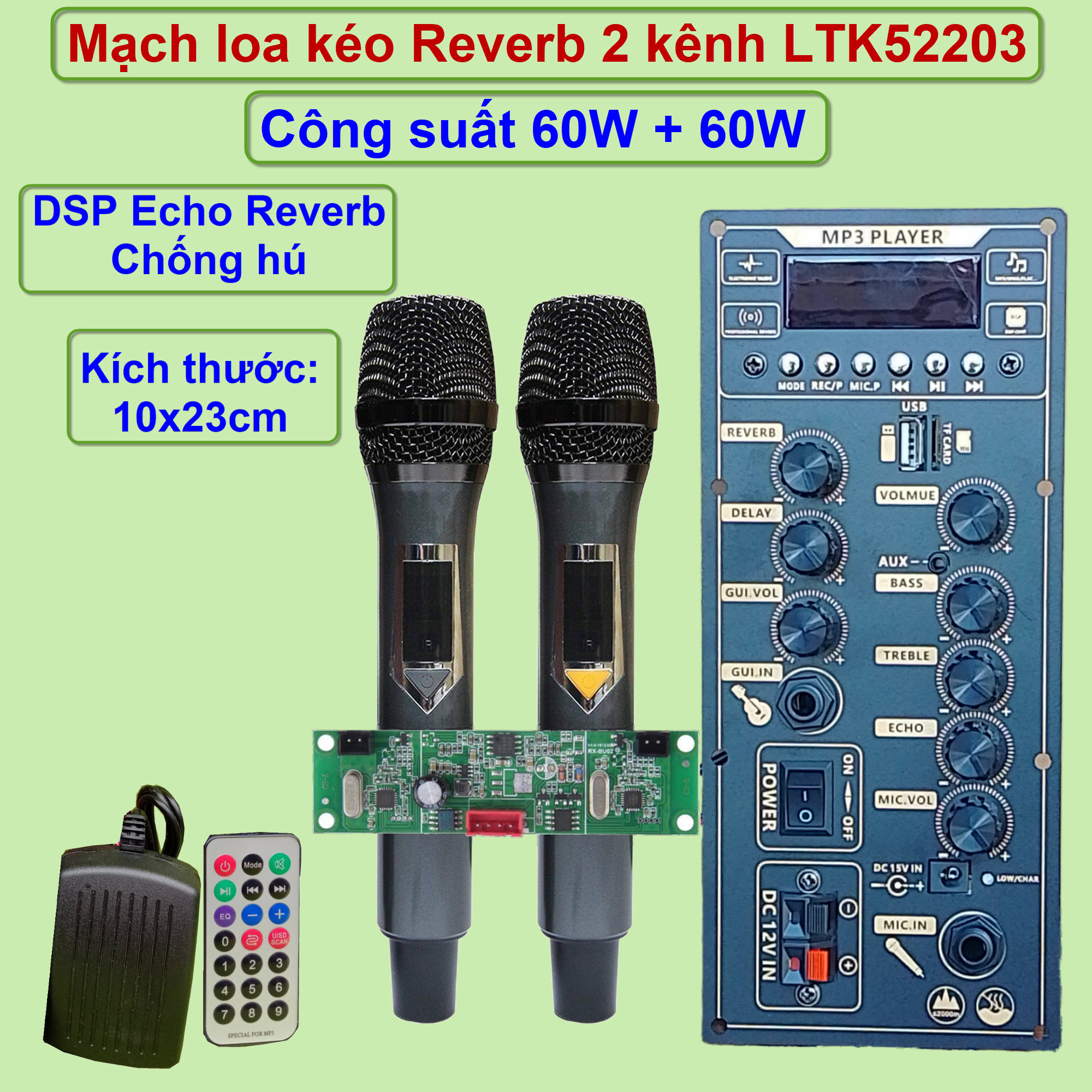 Mạch loa kéo REVERB 2 kênh riêng biệt LTK52203 Kèm Micro