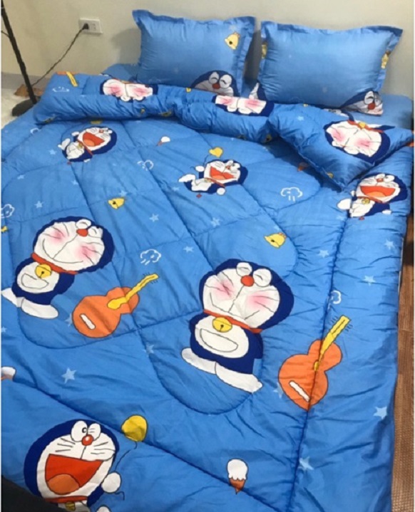 Bộ chăn phao ga gối 5 món cotton poly mẫu doremon đàn