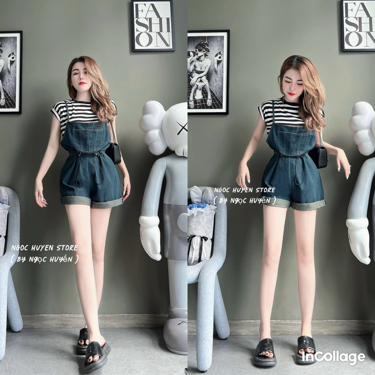 Sét 2 món áo thun gân kẻ sọc kèm yếm quần đùi rút dây eo siêu cute