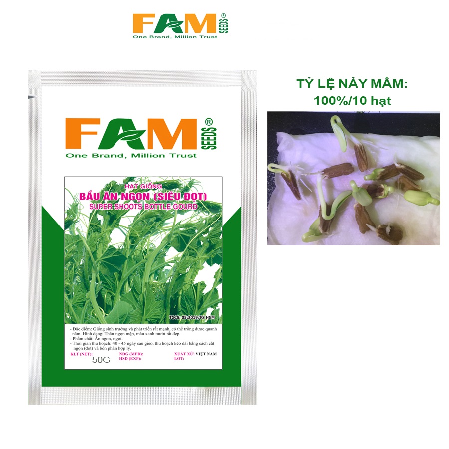 Gói 50gr Hạt Giống Bầu Ăn Ngọn Siêu Đọt FAM SEEDS - Giống sinh trưởng và phát triển mạnh, Trồng quanh năm, Đọt siêu nhiều