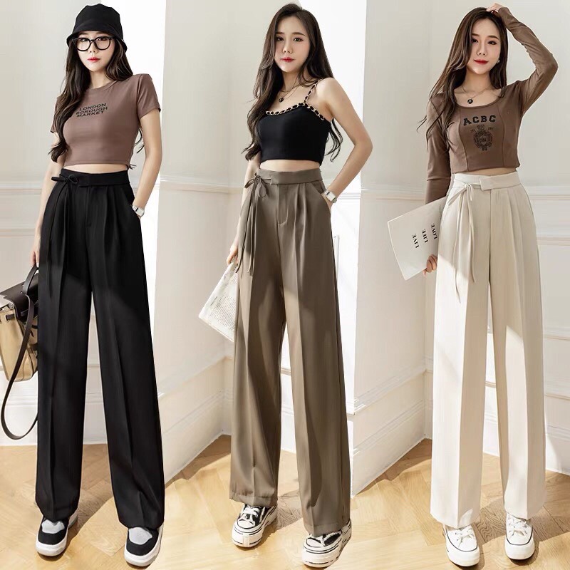 Quần tây ống rộng nữ lưng cao thắt dây nơ chất vải ruby dài 100cm siêu hot 2022 - gen j
