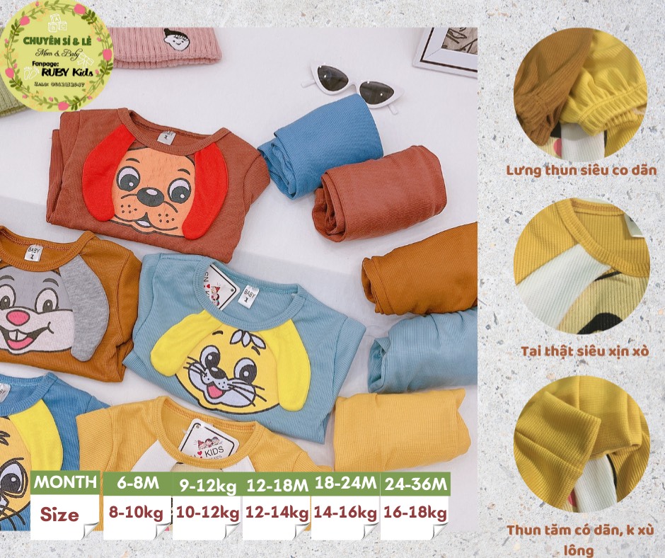Đồ bộ tăm gân dài tay cho bé chất mềm co dãn tốt độ bền lâu in hình mặt chú cún kèm may tai thật bắt mắt cưng xỉu