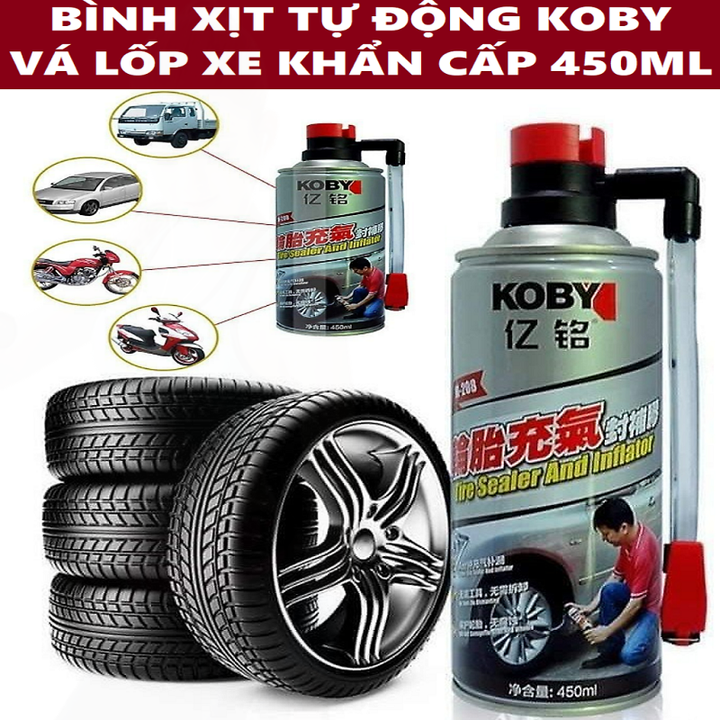 Bình xịt vá lốp bánh xe ô tô xe máy khẩn cấp tiện lợi KOBY , Bình chai bơm keo tự vá vỏ lốp bánh xe máy ô tô Koby 450ml khẩn cấp có và không săm thông minh