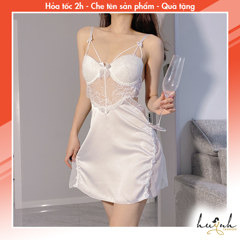 Váy ngủ lụa có mút ngực phối ren cao cấp - n46