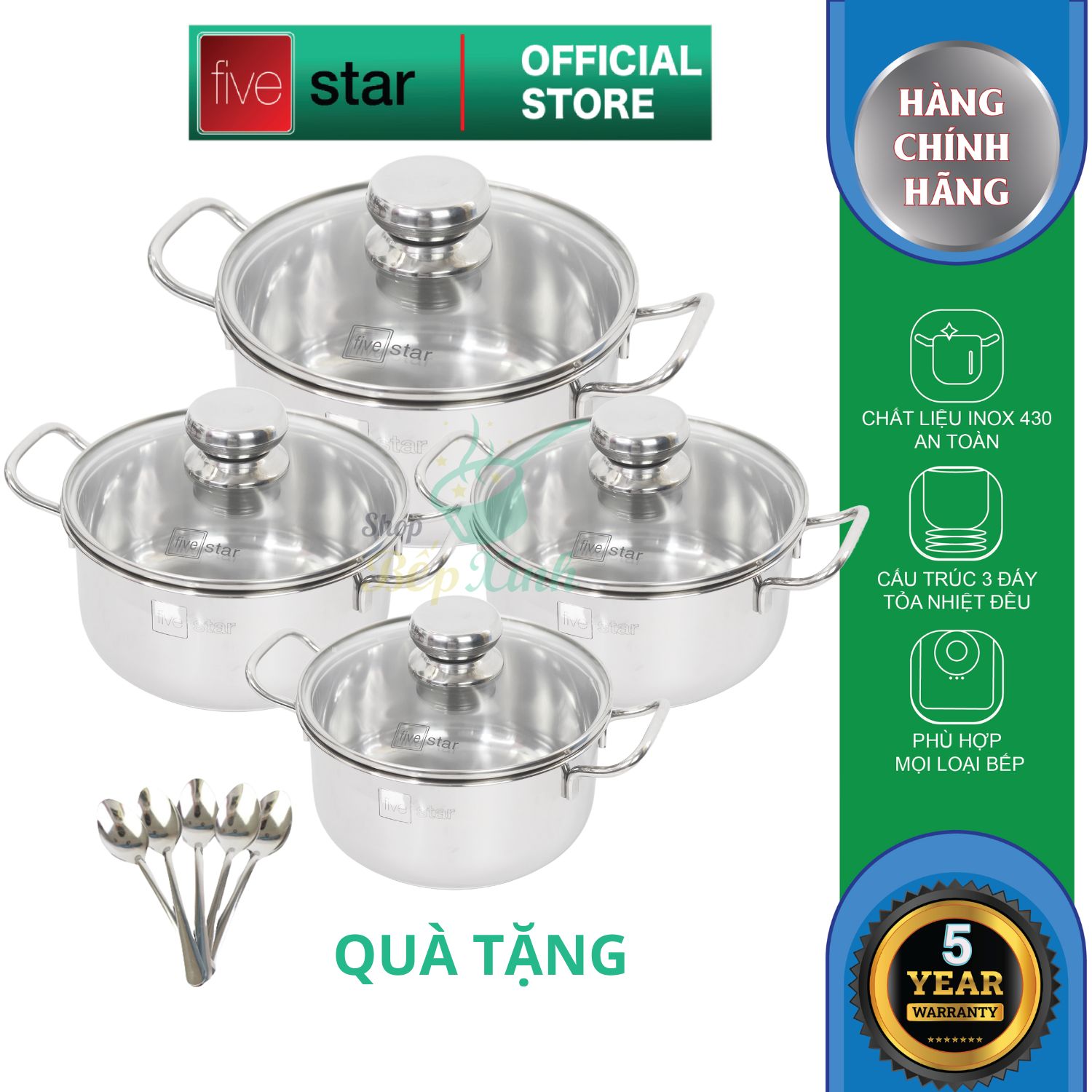 Bộ nồi inox đáy từ Fivestar nắp kính, 3 đáy dùng được bếp từ , hồng ngoại , gas ( tặng 5 muỗng ăn )-Shop bếp Xinh