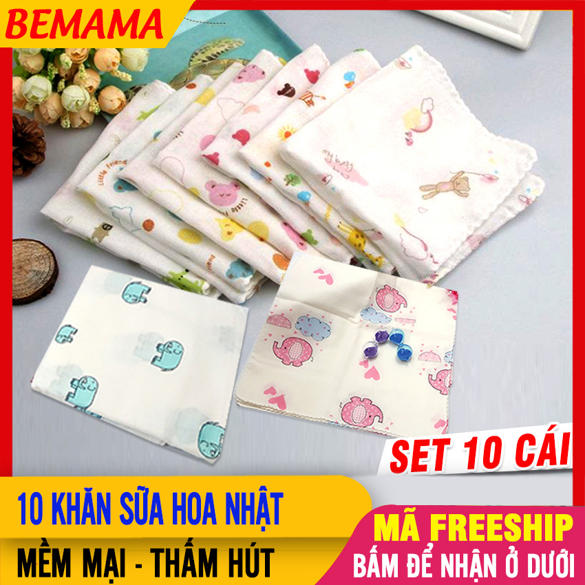 Set 10 Cái Khăn Xô, Khăn Sữa 2 Lớp In Màu Họa Tiết Đẹp Hàng Xuất Nhật, Mềm Mại, Dày Dặn. Khăn Sữa Cho Bé Trai, Bé Gái, Trẻ Em Sơ Sinh BEMAMA - 10 Khăn Sữa Hoa Nhật - 4905421682308