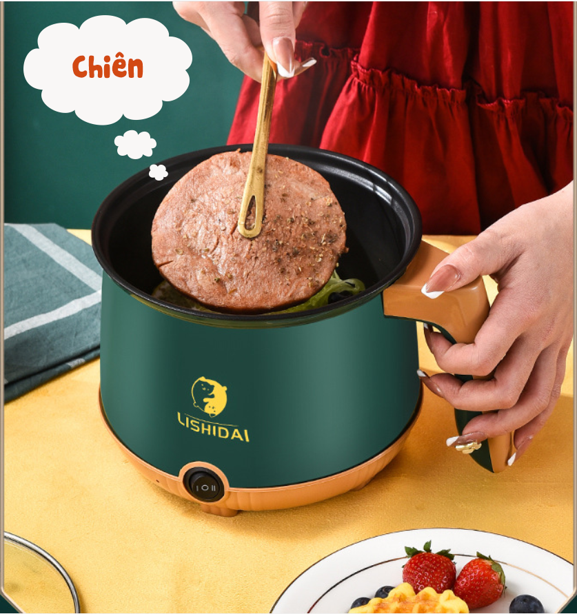 Nồi Lẩu Điện Mini Đa Năng 18cm KÈM GIÁ HẤP INOX Và Nắp Kính Cao Cấp, Nồi Nẩu Điện Siêu Tốc Đa Năng