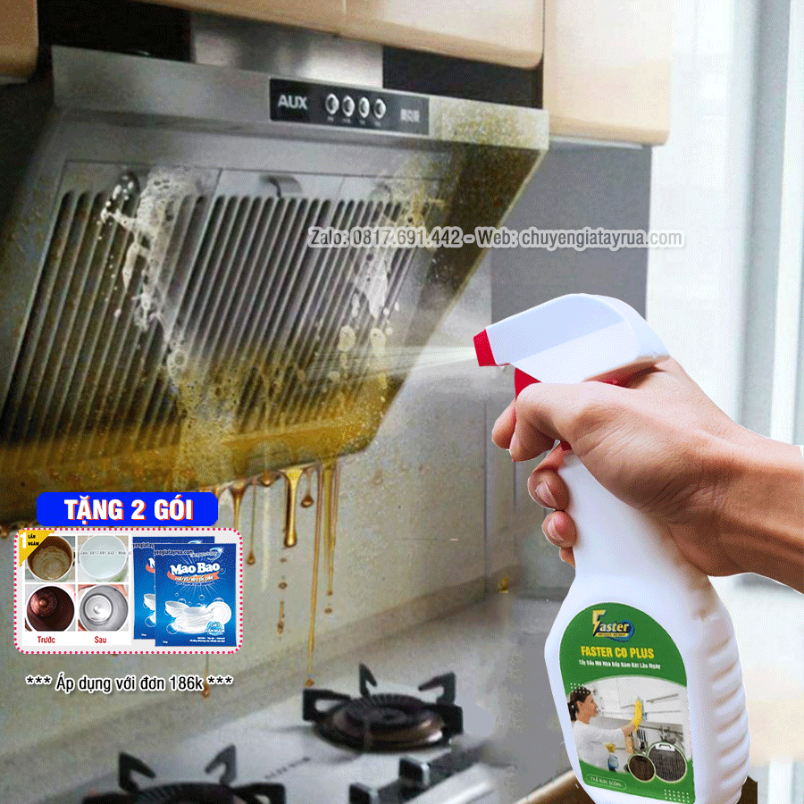 (XỊT LÀ SẠCH) Siêu Tẩy Dầu Mỡ Nhà Bếp Đa Năng, Vệ Sinh Máy Hút Mùi, Lau Bếp Gas, Tường Bếp Faster CO Plus 500ml