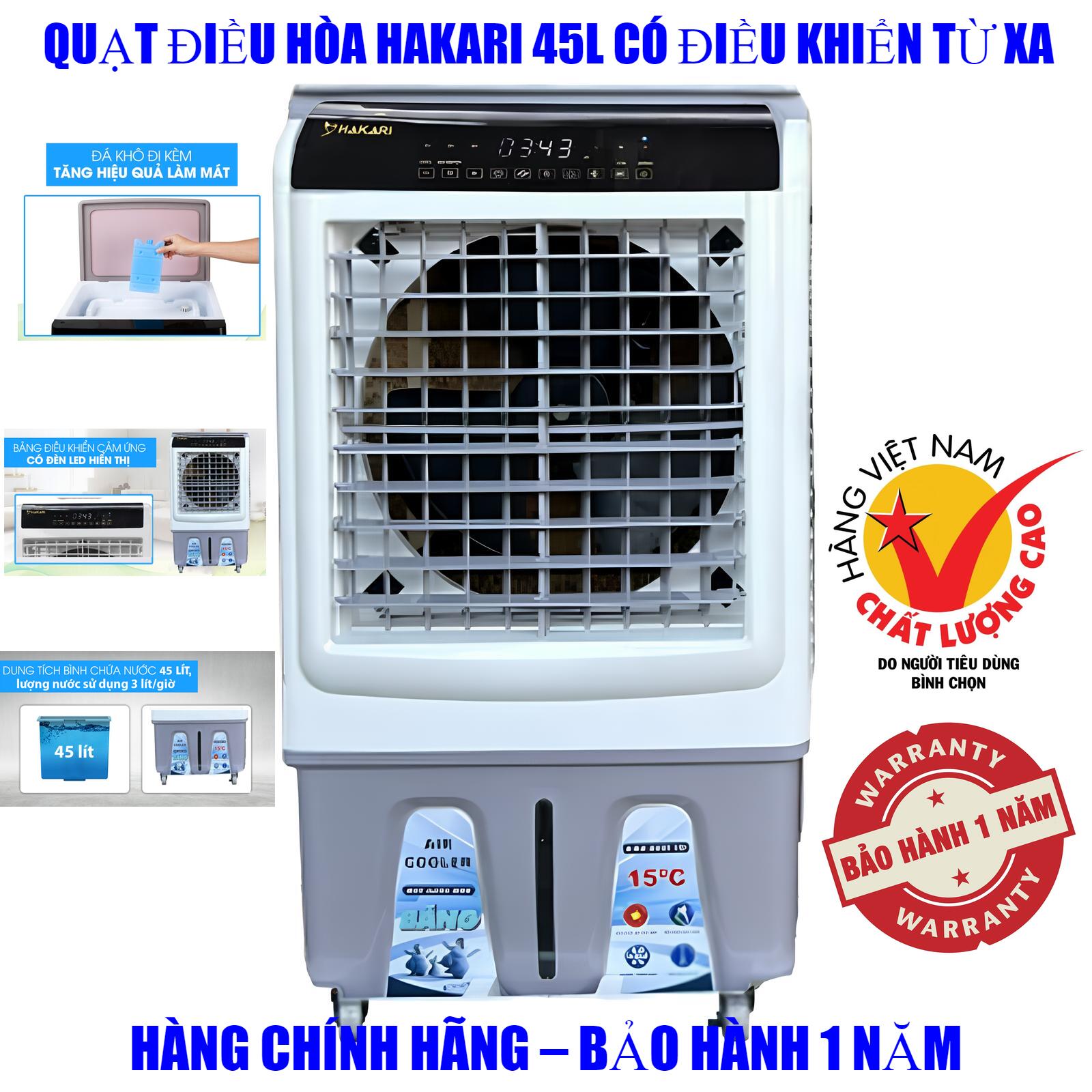 Quạt Hơi Nước Inverter, Quạt Điều Hòa Hakari Hk 45, Dung Tích 40 Lít, Công Suất 130w, 3 Cấp Độ, Đảo Gió, Giải Nhiệt Mùa Hè, Làm Mát Không Gian Mở.