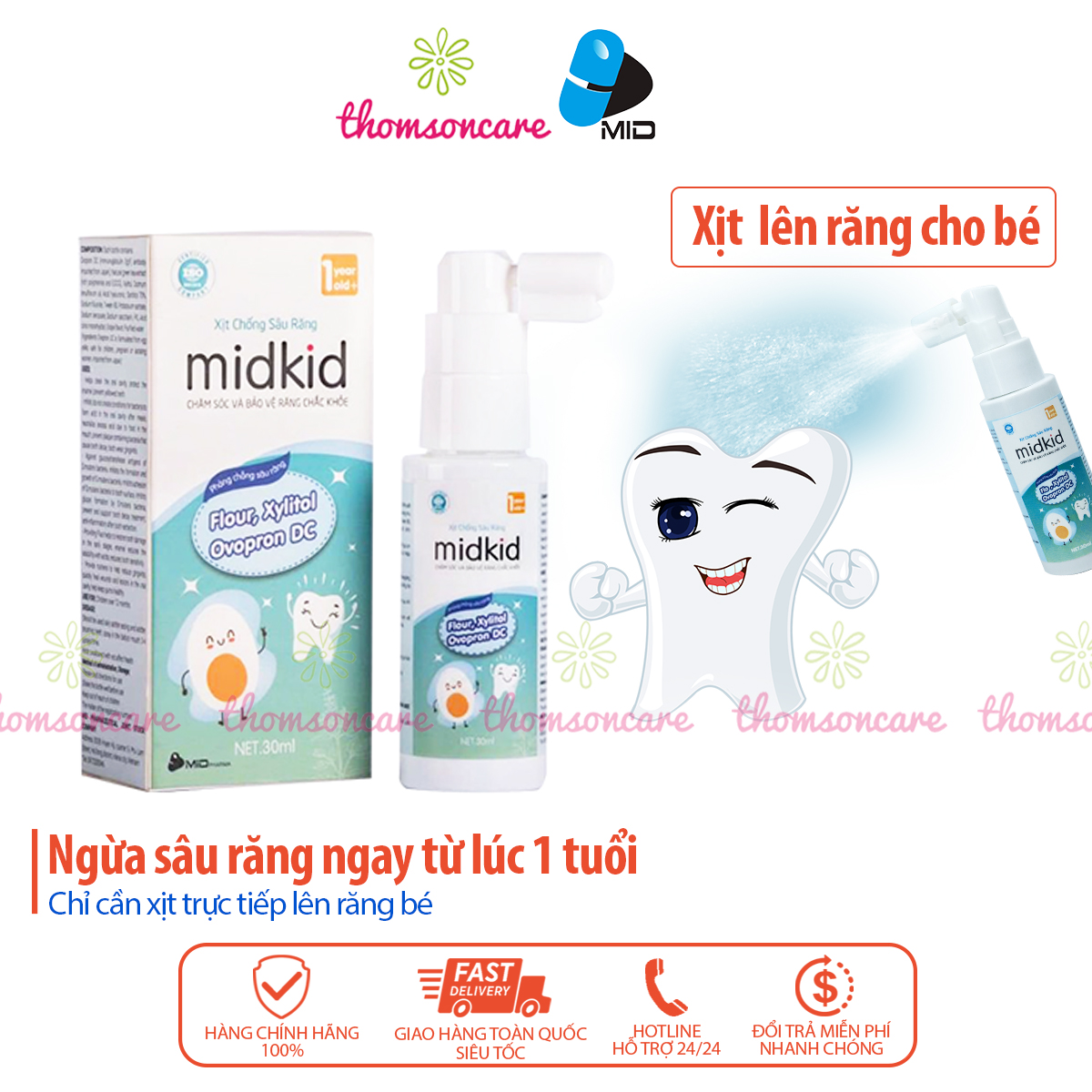 Giảm sâu răng cho bé với xịt sún Mid Kid và gạc rơ lưỡi Tanaphar, vệ sinh răng lợi cho trẻ Midkid