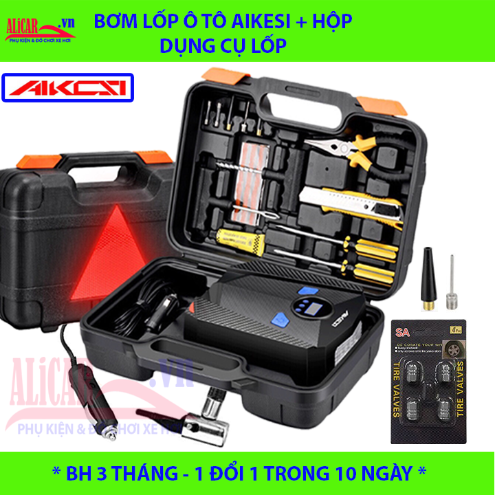 Máy bơm lốp ô tô mini aikesi kèm hộp dụng cụ: đồng hồ điện tử, tự ngắt, 3 phút 1 lốp. máy bơm lốp xe hơi.
