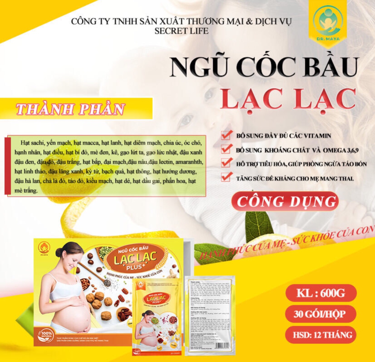 Ngũ cốc bầu Lạc Lạc Plus mẫu mới 36 loại hạt không đậu nành -thai tăng cân tốt vào con không vào mẹ (Hộp 30 gói) Ngũ Cốc Dinh Dưỡng Bầu Lạc Lạc (Hộp 30 gói)