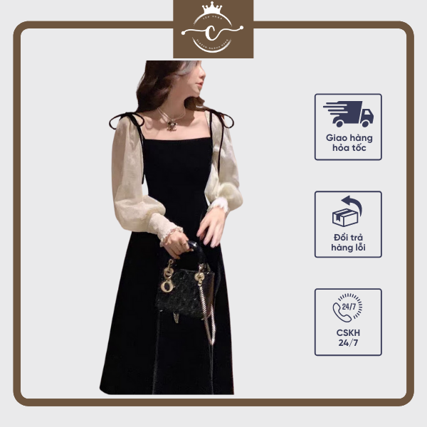 Sp17 váy nhung nữ váy nhung đen phối voan nổi cổ vuông ulzzang hàn quốc