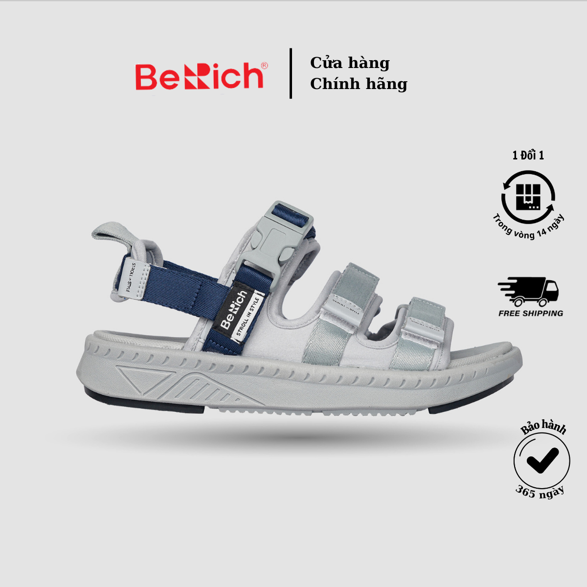 Giày Sandal Nam Nữ Unisex BeRich - 279,3 Quai Màu sắc Xám x Xanh