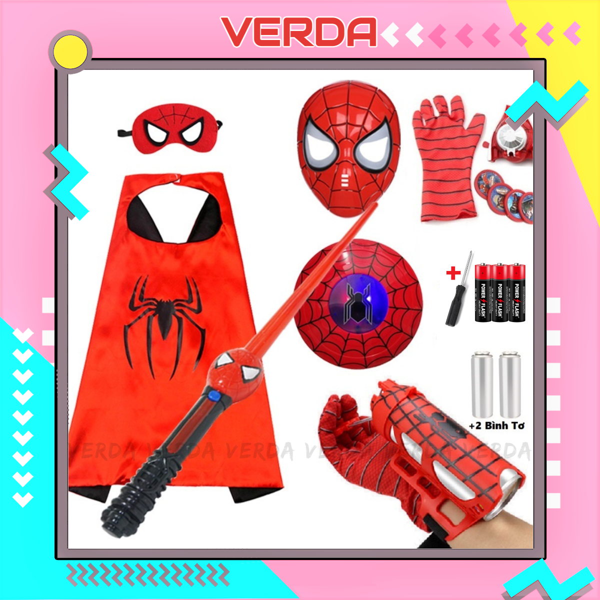 Bộ áo choàng khiên spiderman đầy đủ kiếm đèn nhạc găng tay mặt nạ người nhện spider man VERDA