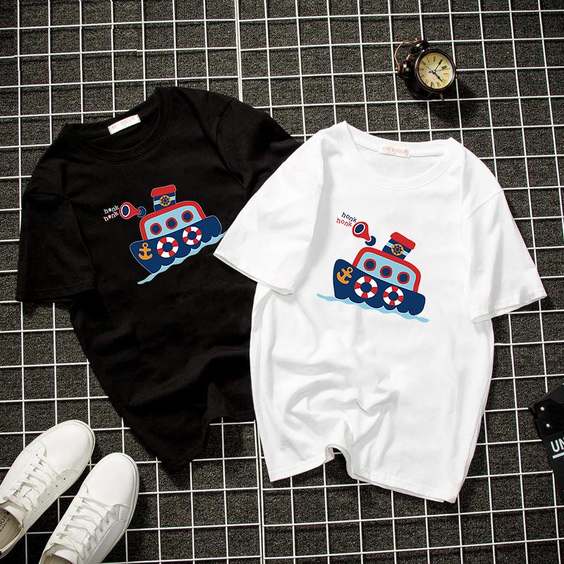 Áo thun nam nữ họa tiết vẽ tàu biển vải dày mịn DEAL3062