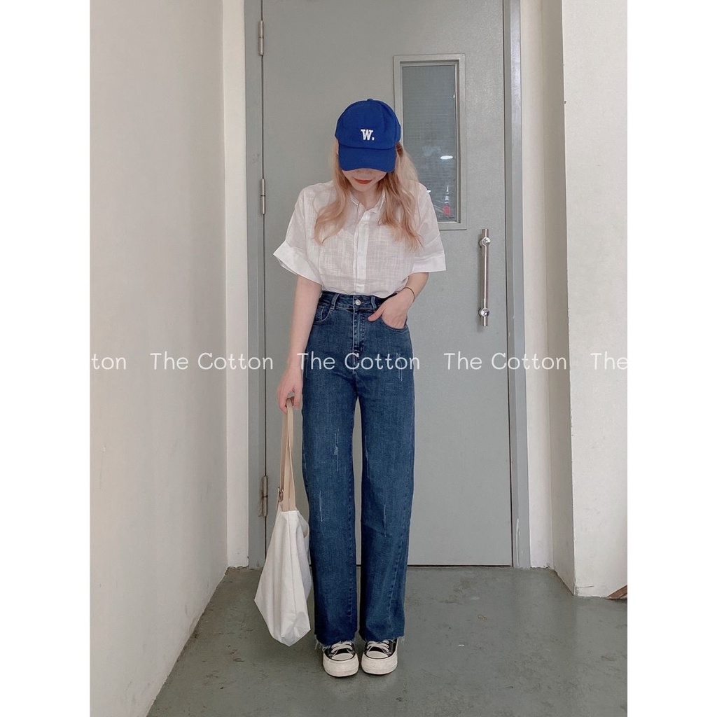 Quần Jeans Ống Suông Cắt Gấu Xước TheCotton Quần Jean Ống Rộng Lưng Cao Ảnh Thật