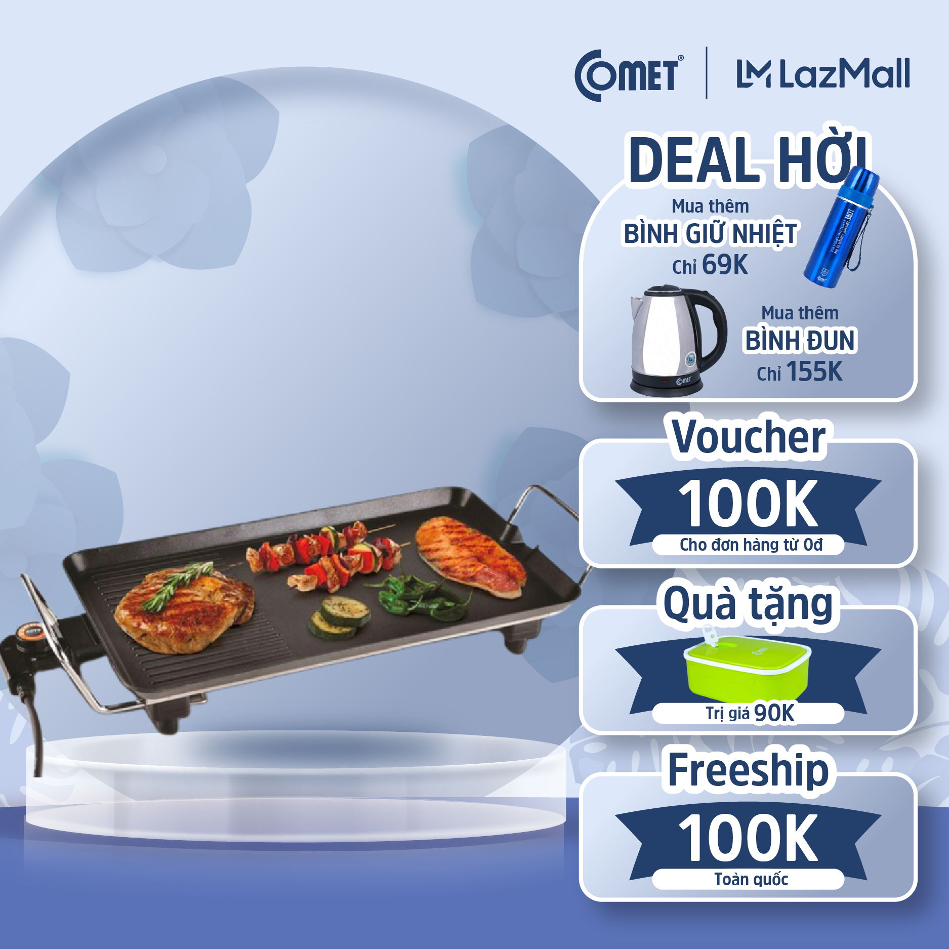 Bếp nướng điện không khói COMET - CM5665 - Ví nướng điện không khói, mặt nướng chống dính có khay hứng - Bảo hành 12 tháng - Hàng Chính Hãng