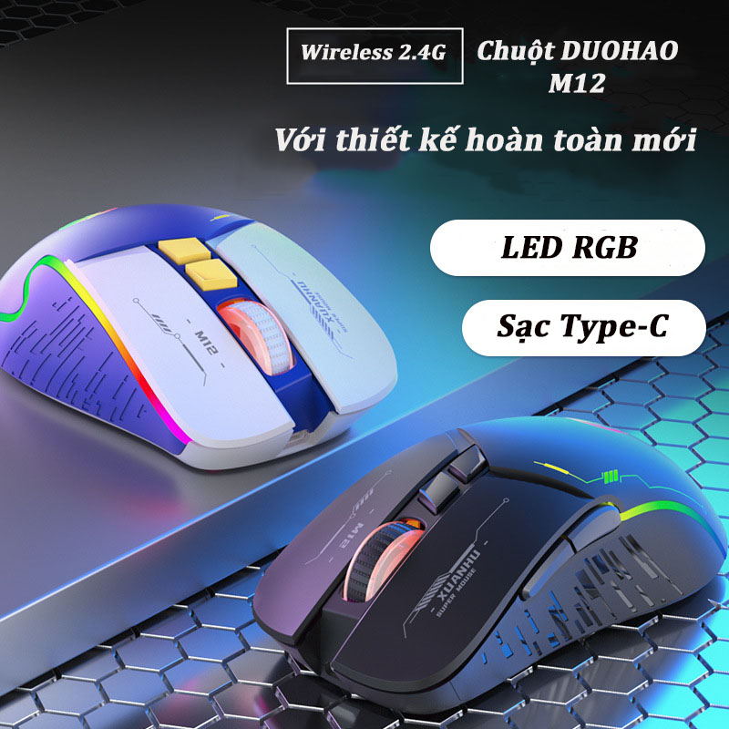 Chuột không dây duohao m12 gaming pin sạc type c chống ồn 3200dpi led rgb đa màu sắc