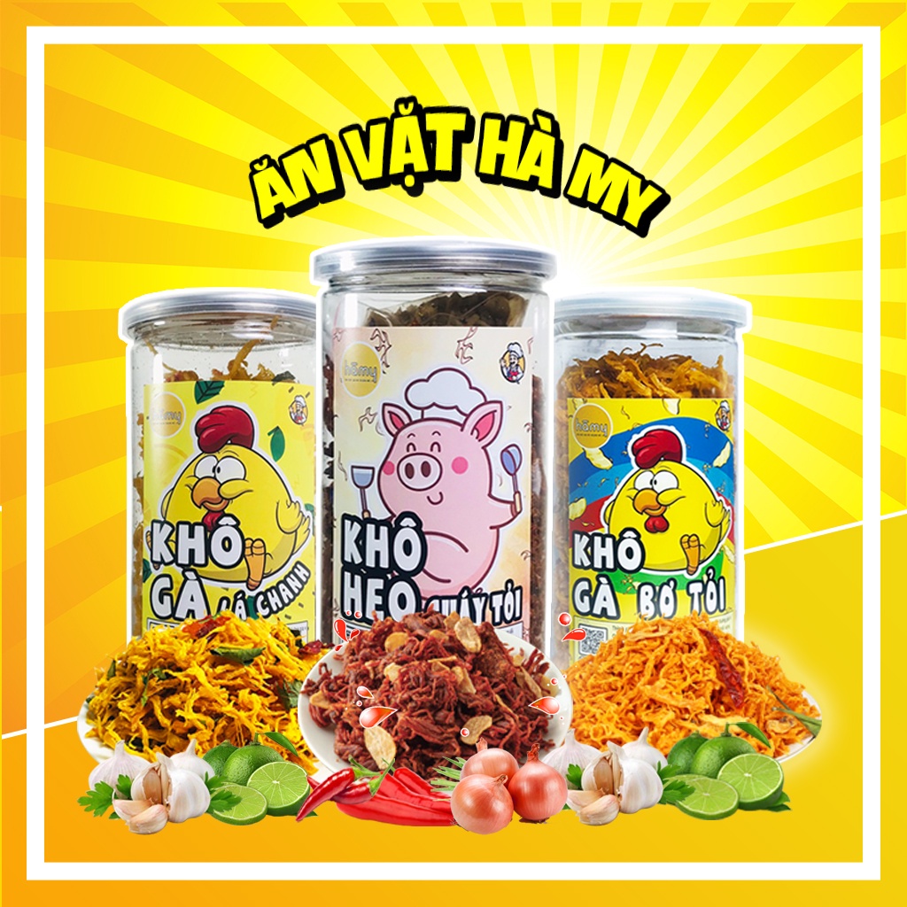 Combo 3 món đồ ăn vặt đóng hũ, combo khô gà lá chanh, khô gà bơ tỏi, khô heo cháy tỏi