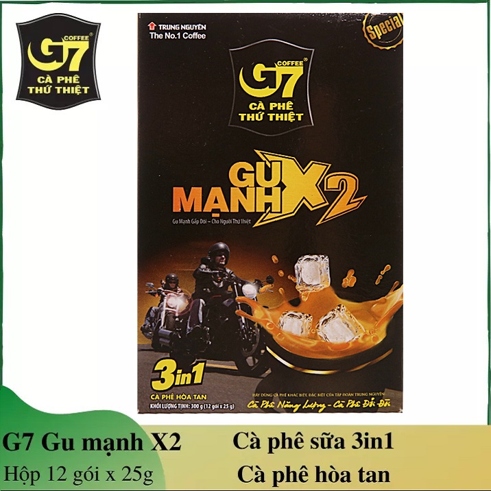 Cafe G7 – Gu mạnh X2 ( 3in1) Trung Nguyên Hộp 12 gói x 25gr (Zin Nguyên Tem)