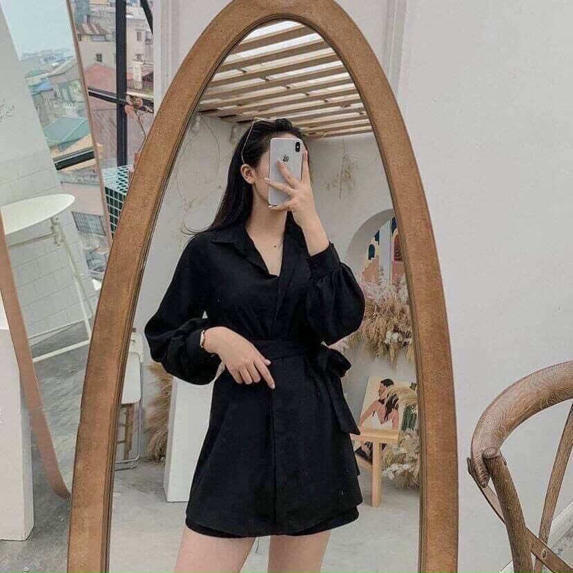 [ Voucher 50k Freeship Max 0 đồng toàn quốc ] SET BỘ ÁO SƠ MI FORM RỘNG DÀI, QUẦN ĐÙI NGẮN MẶC KIỂU GIẤU QUẦN, KÈM DÂY NƠ THẮT EO