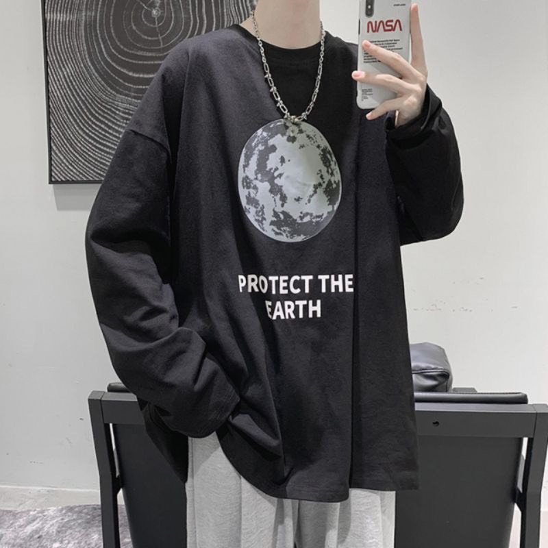 Áo phông dài tay in hình trái đất protect the earth chất cotton thoáng mát