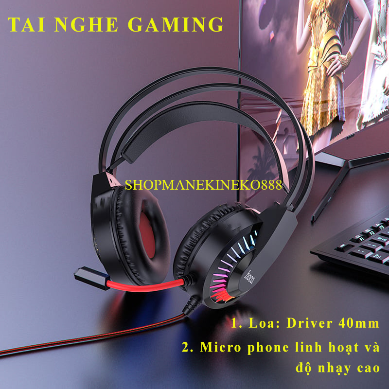 Tai nghe Chụp tai Gaming Hoco W105 đèn LED nhiều màu sắc Hiệu ứng ánh sáng thở, mic đàm thoại