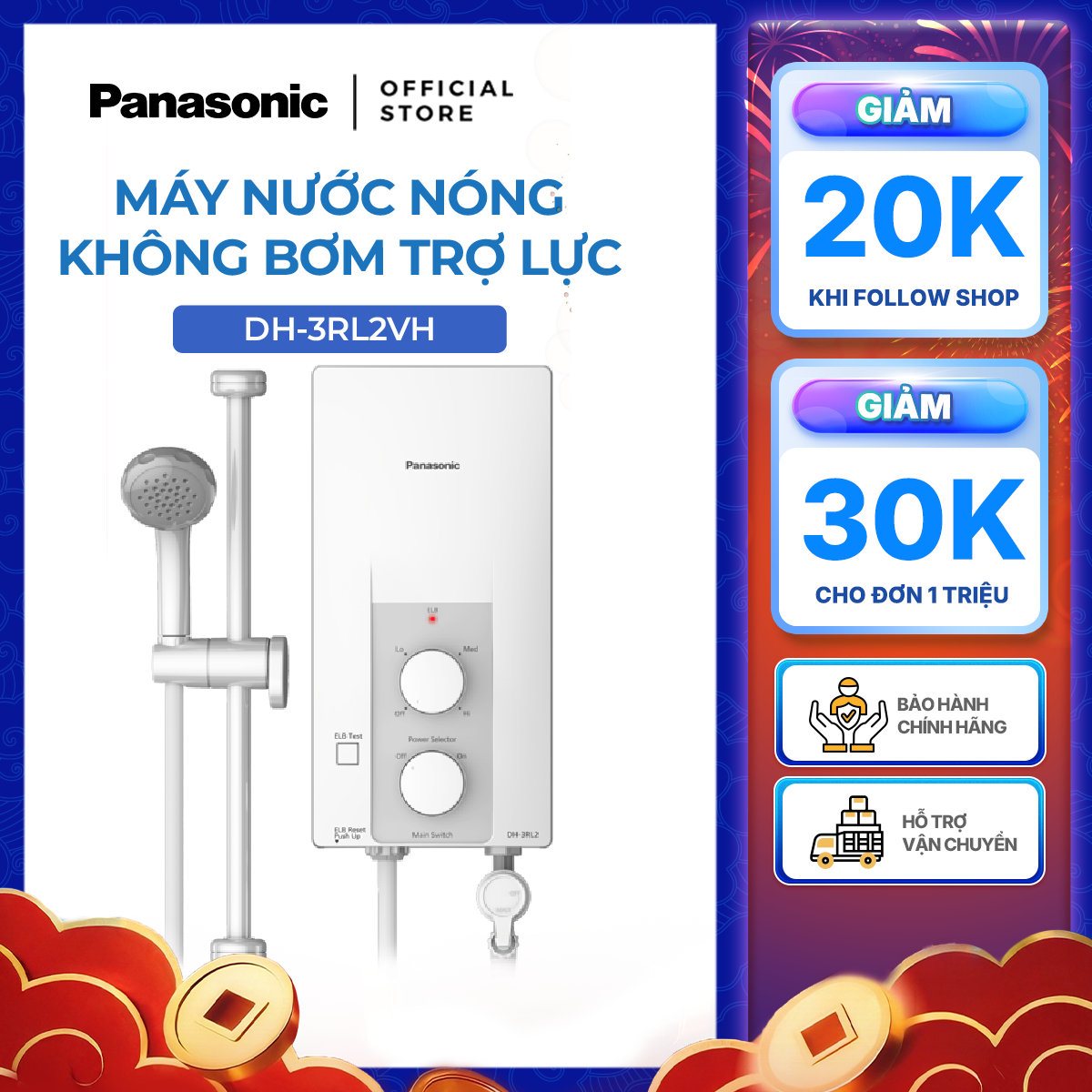 Máy nước nóng Panasonic model DH-3RL2VH không bơm trợ lực