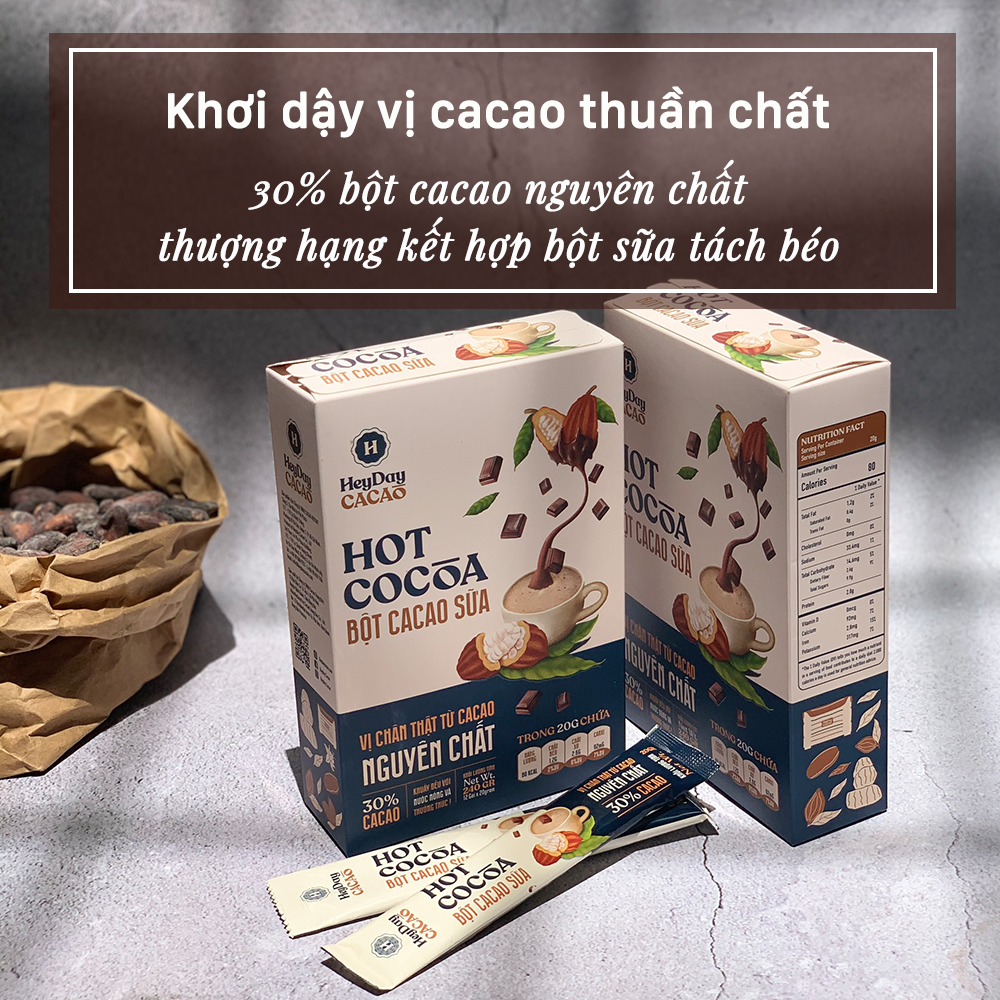 bột cacao sữa heyday không cholesterone - gói tiện lợi 20g - đậm vị socola nguyên bản - không dùng hương liệu - heyday cacao 1
