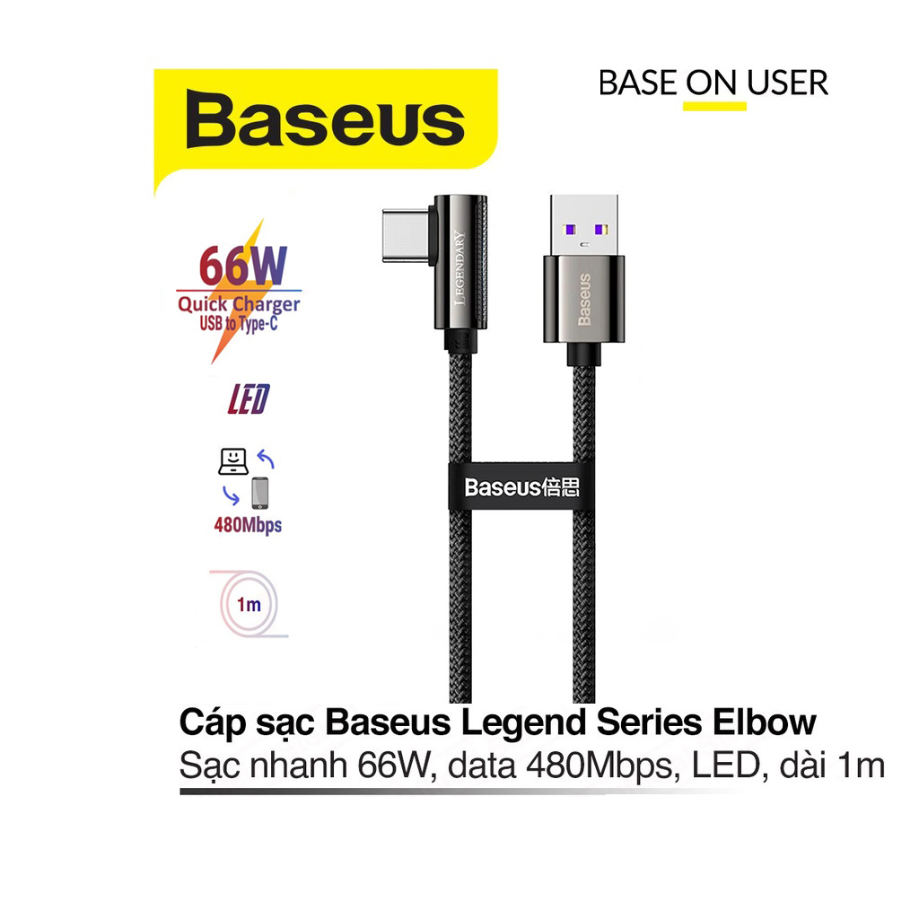 Cáp sạc nhanh 66W Baseus Legend Series Elbow Type-C dây dù truyền dữ liệu tích hợp đèn Led dài 1M cho Android