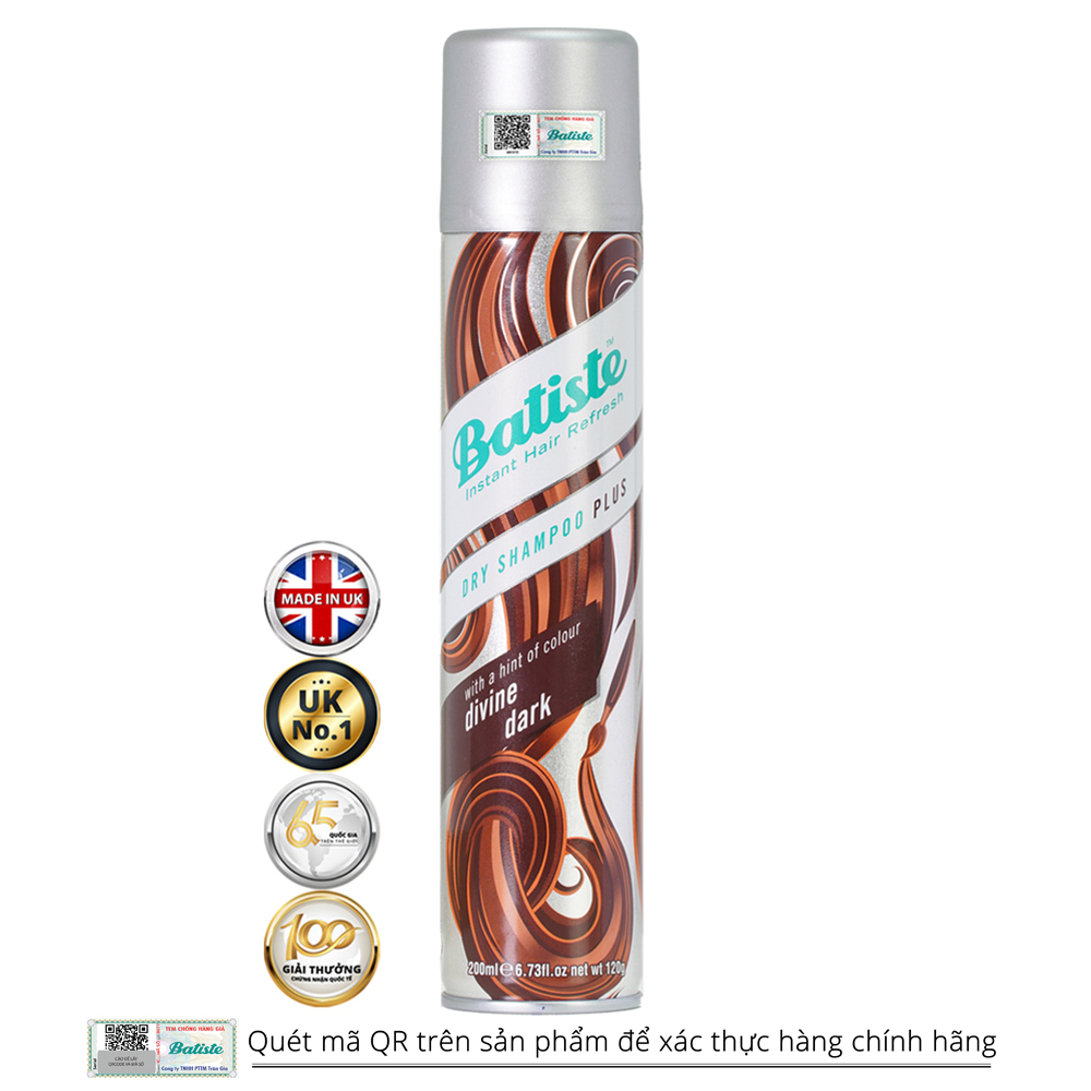 Dầu gội khô dạng xịt Batiste Cho Nam Và Nữ Tóc Đen, hút dầu, chống bết tóc, hương thơm dài lâu, hiệu quả tức thì - Batiste Dry Shampoo Plus With A Hint Of Colour Divine Dark 200ml
