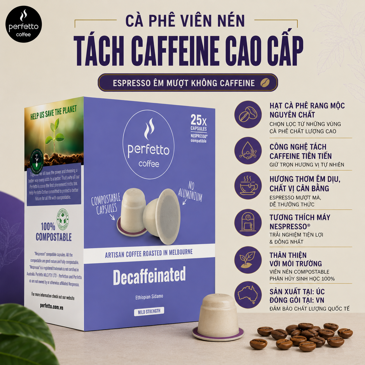 [Perfetto Coffee] Cà phê viên nén Caffe Decaffeinated 100% Arabica (25v / 10v) - Tương thích Nespresso - Hàng chính hãng