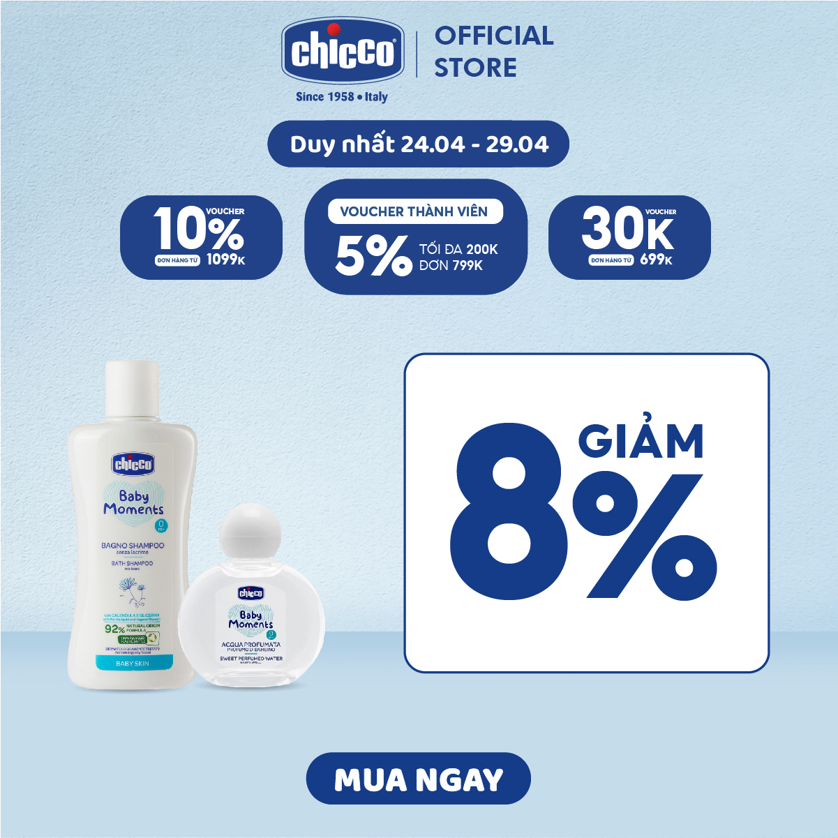 Combo Sữa tắm gội chiết xuất Hoa cúc 0M+ Chicco 200ml & Nước hoa hương tự nhiên 0M+ Chicco 100ml