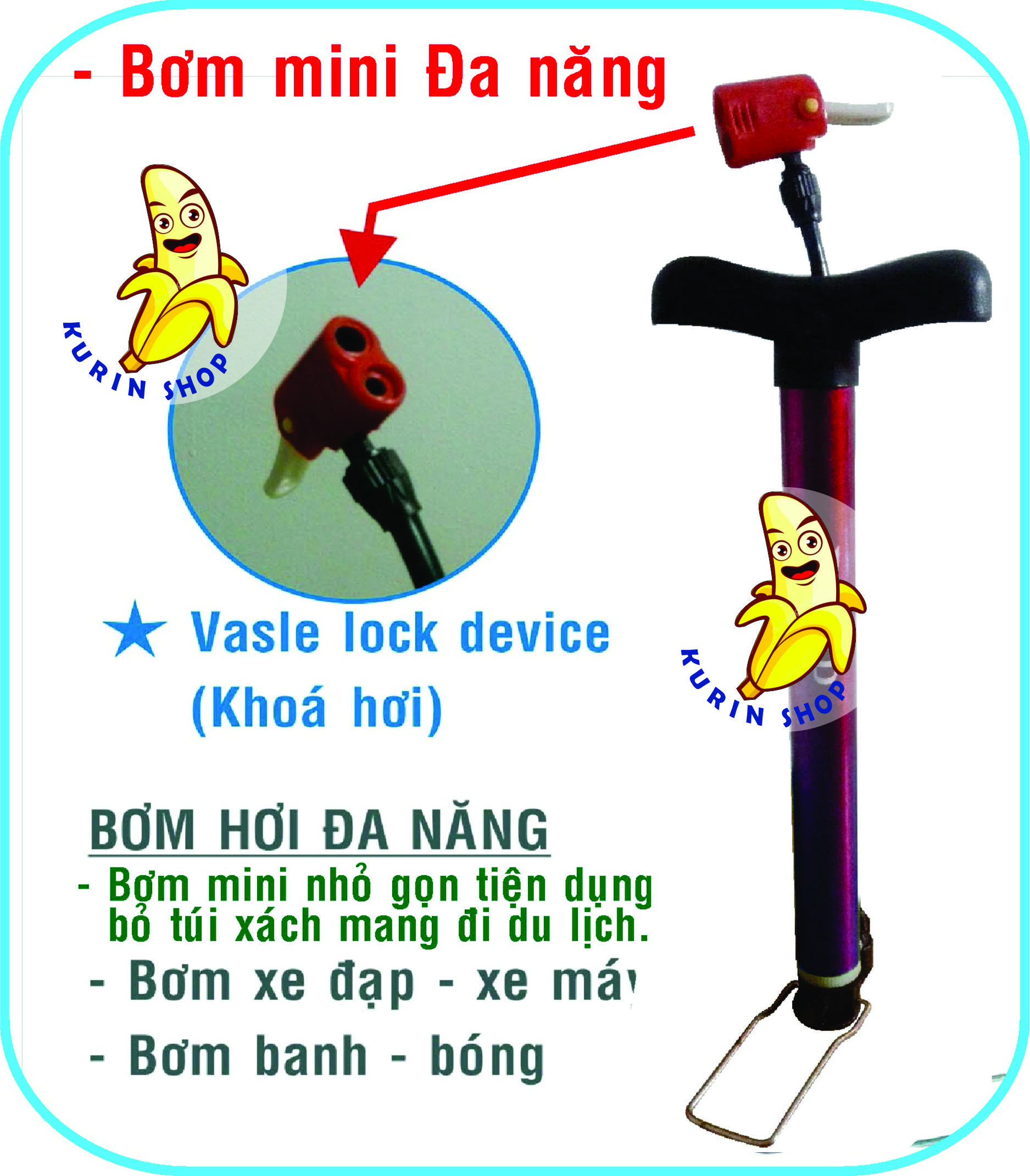 Bơm xe đa năng mini du lịch, phượt (dùng cho lốp xăm xe máy xe đạp, banh)