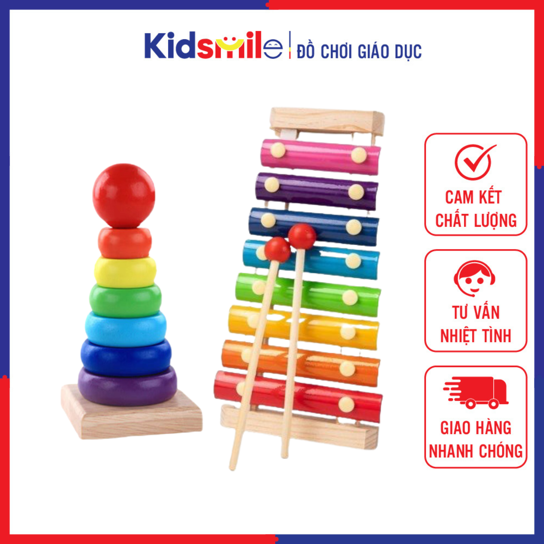 Combo 2 đồ chơi gỗ cơ bản xếp tháp và đàn xylophone cho trẻ từ 2 tuổi trở lên phát triến trí thông minh và tư duy logic