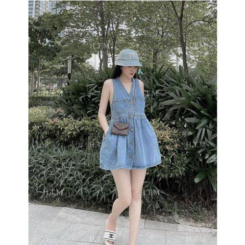 Đầm jean xòe sát nách xanh 2 túi quảng châu cho nữ dn632