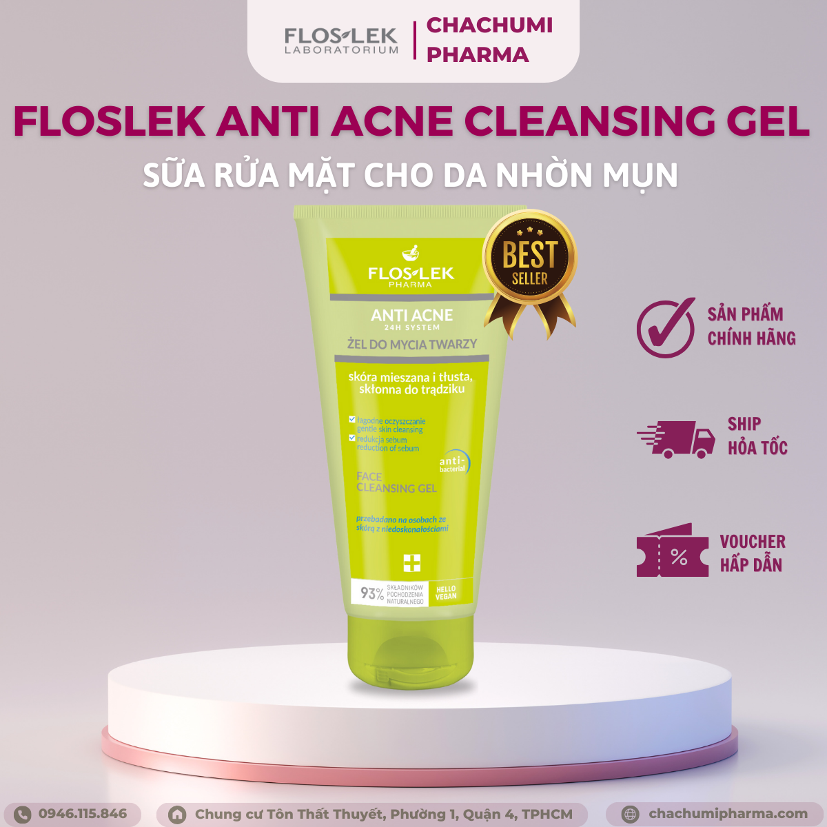 [TPHCM] Floslek Sữa Rửa Mặt Dạng Gel Cho Da Nhờn Mụn Anti Acne Bacterial Face Cleansing Gel 200 ml