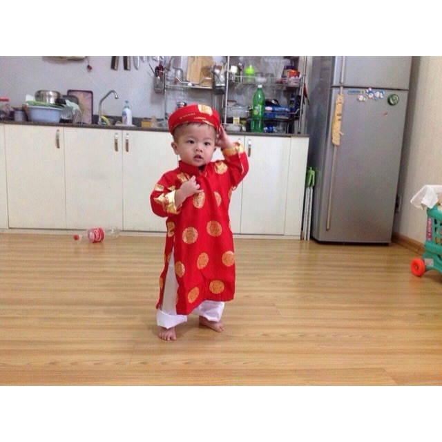 Áo dài đỏ xu Bé Trai (Áo+quần+mấn) truyền thống Gấm Thái Tuấn