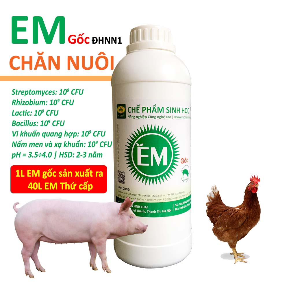 Chế phẩm EM gốc - CHĂN NUÔI. Xử lý mùi hôi chuồng trại. Ủ lên men làm chín thức ăn. Men Vi Sinh Đại Học Nông Nghiệp 1 Hà Nội. Từ 1 lít EM gốc sản xuất ra 40 lít thứ cấp. HSD 2 năm