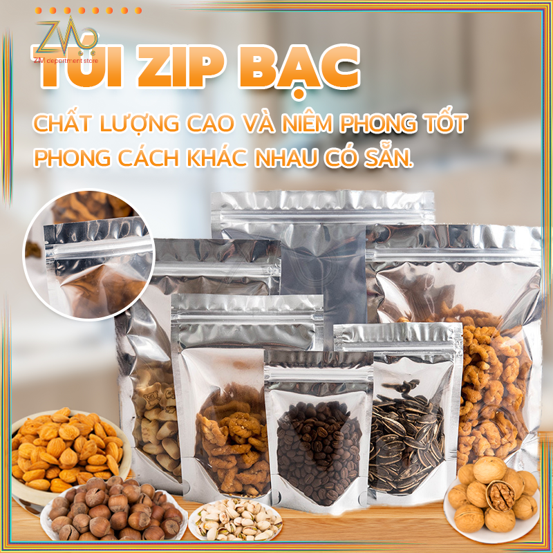 Túi zíp 1 mặt trong mặt bạc đáy đứng .Túi zip bạc đáy đứng đựng thực phẩm cao cấp,50 miếng