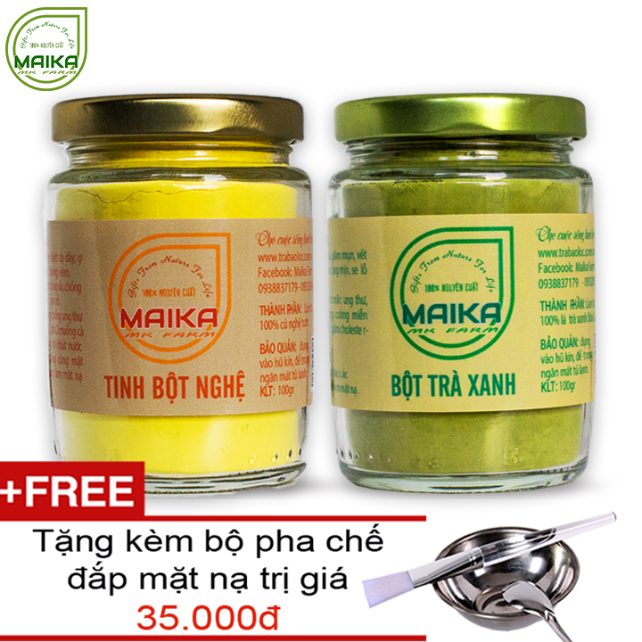 Combo Bột Trà Xanh + Tinh Bột Nghệ - Nguyên Chất MK Farm (100g/hũ) + Tặng Bộ Đắp Mặt