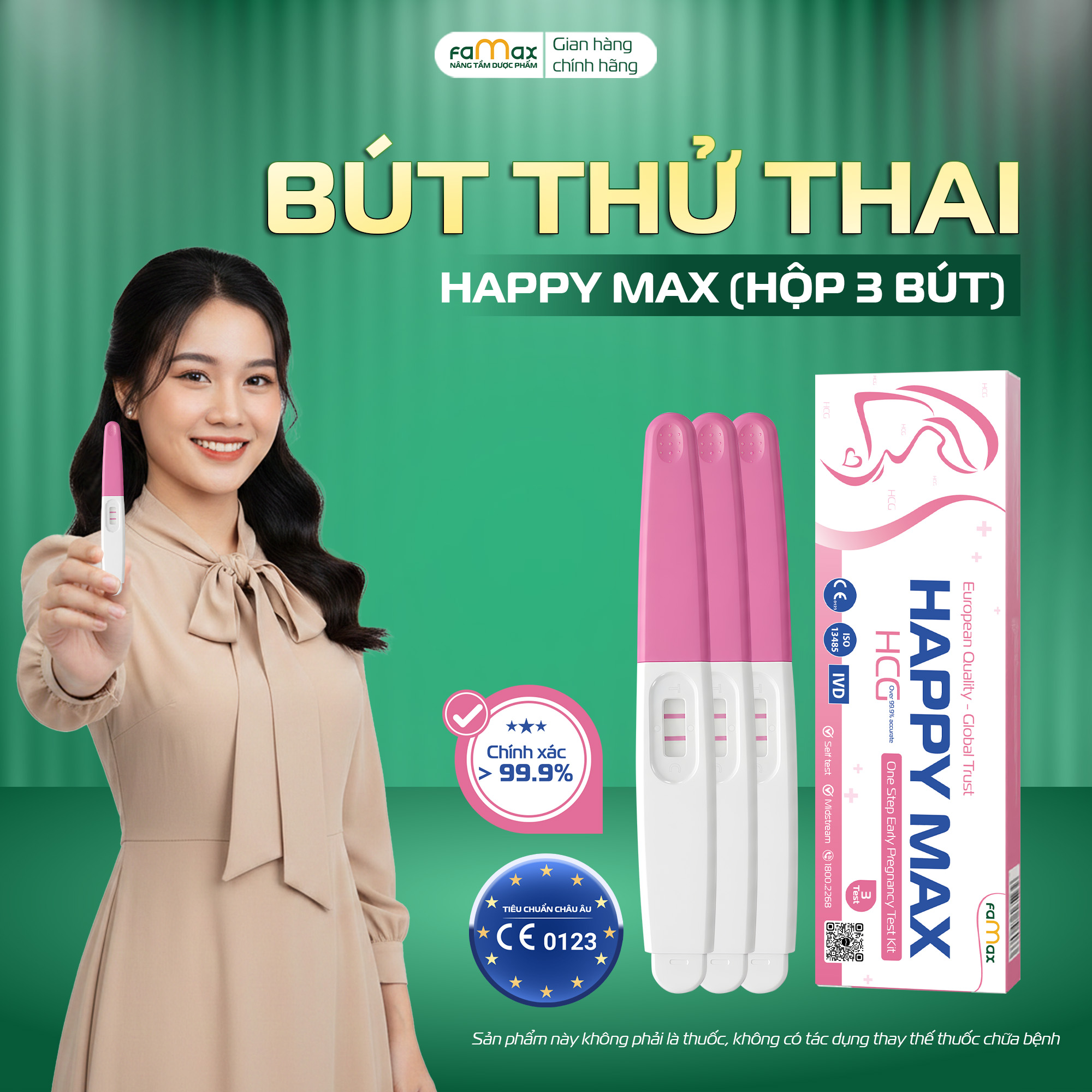 Bút thử thai Happy Max (Hộp 3 bút) của Dược Famax, có bảo mật che tên sản phẩm