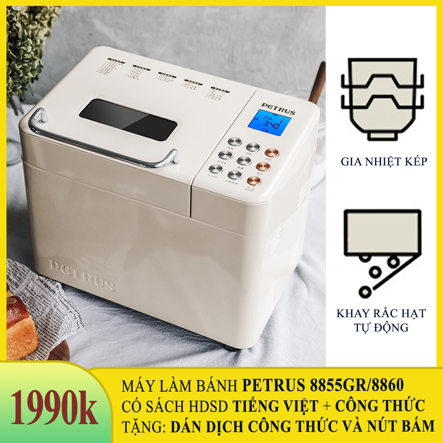 Máy làm bánh mì tự động, máy nhồi ủ nướng bánh mì petrus pe8855gr/8860, máy làm bánh tại nhà - có hdsd tiếng việt full 22 công thức